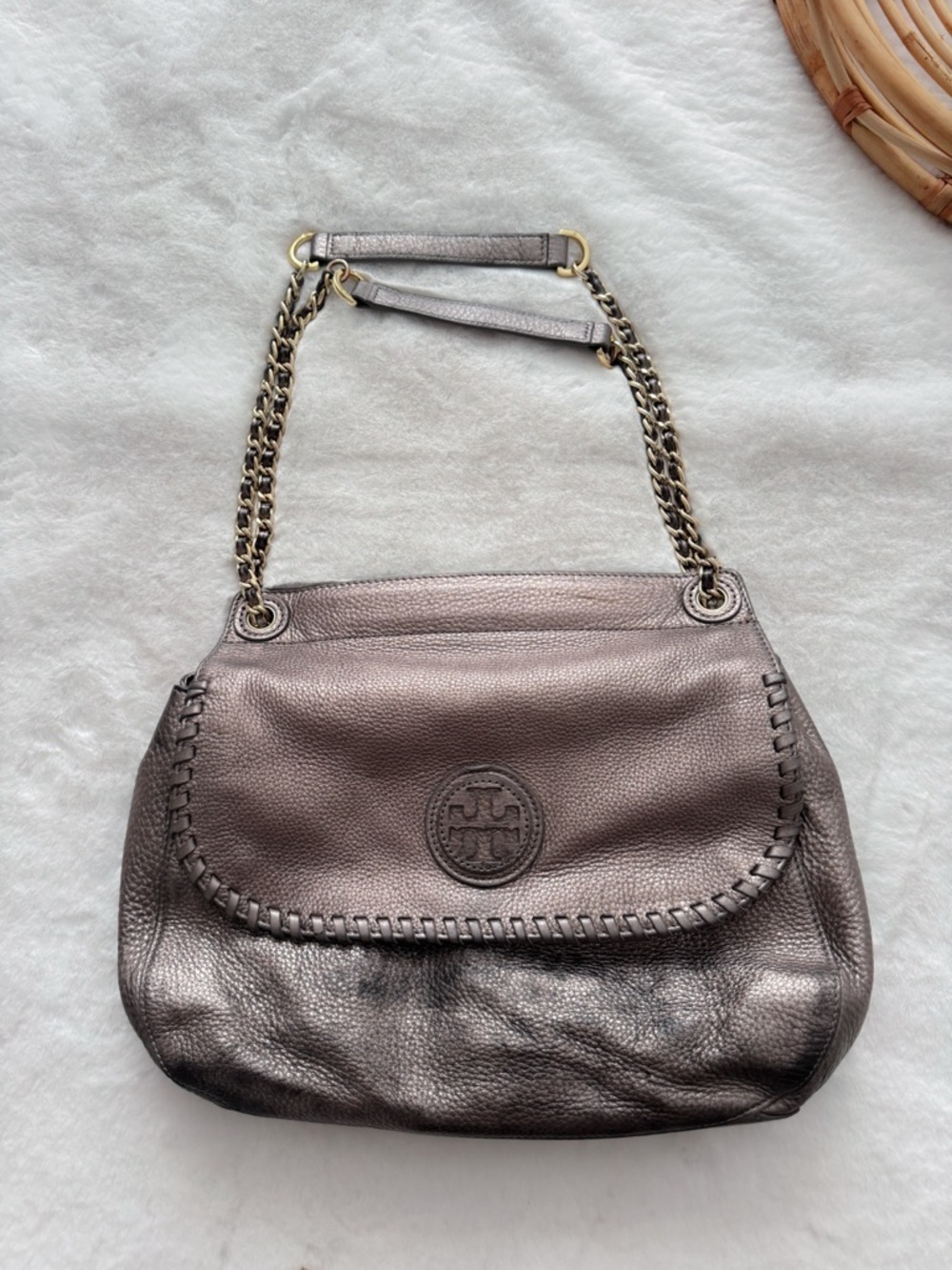 Tory Burch Marion Whipstitch Leather Saddle Bag Metallic Pewter
